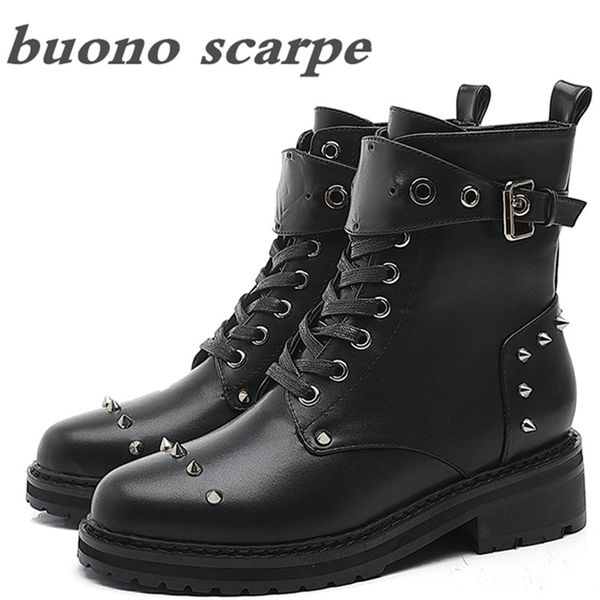 

boots female british style leather black tube locomotive thick with bottom rivet handsome