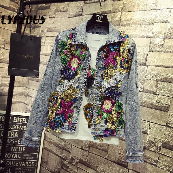 

student diamonds jean jacket women streetwear embroidery sequins denim jackets fashion slim short long sleeve girls basic coats, Black;brown