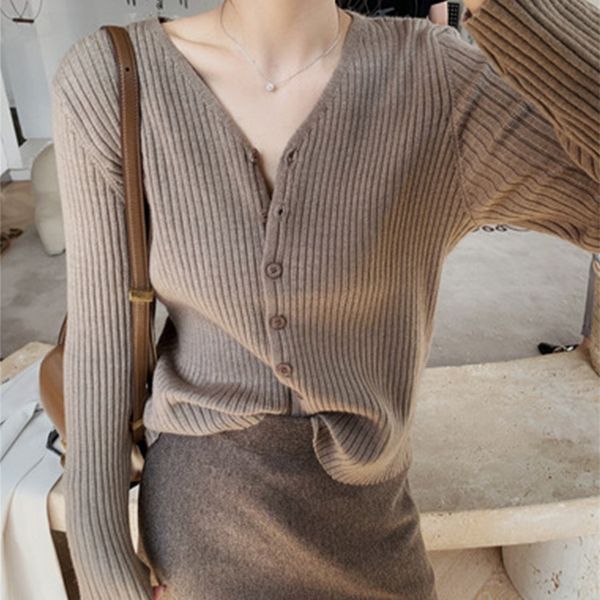 

2020 south korea new knitted autumn elegant pretty girl slimming soft waxy v-neck sweater cardigan long sleeve casual, White