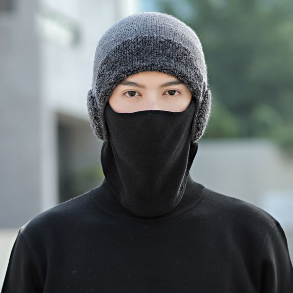 

earmuffs knitted hat men's pure color masks one warm thickening winter outdoor ski hat collar collar, Blue;gray
