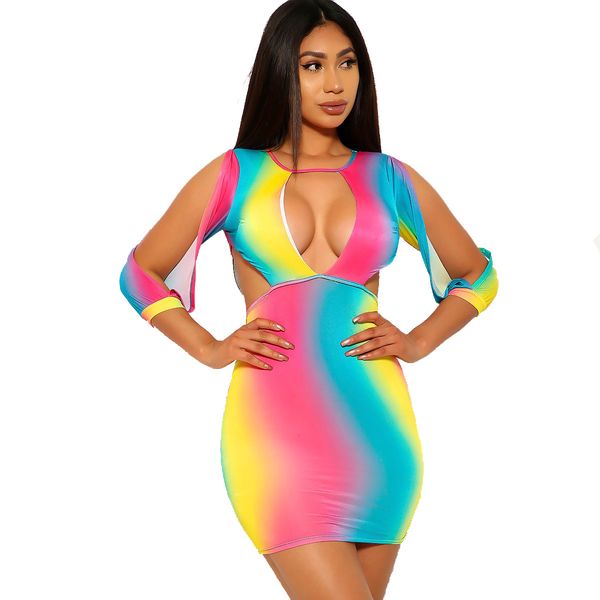 

m080 european new style irregular long-sleeved open-sleeved dress with breasts, gradient color 2020, Black;gray