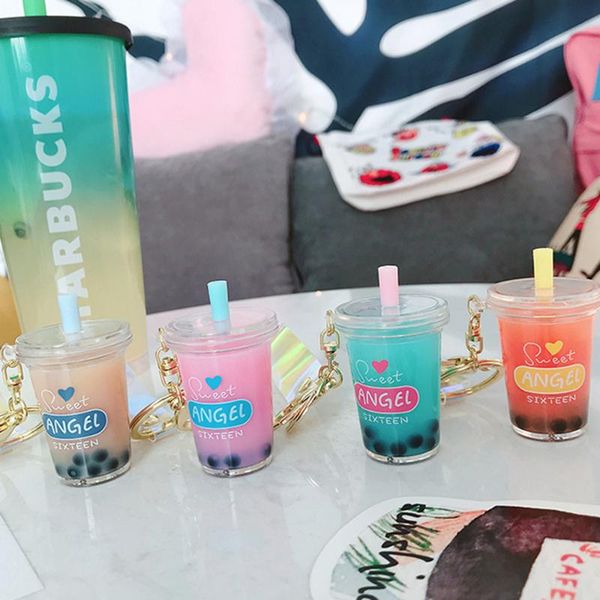 

1pc mini drink keychain coconut milk beverage bubble acrylic moving liquid oil drop decompression birthday gift
