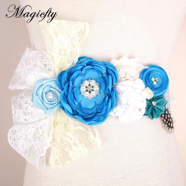 

blue rosette flower with feather sash belt p prop baby girl birthda lace flower belt bridal wedding accessories 120pcs, Black;brown
