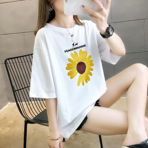 

black and white cotton short-sleeved t-shirt women's summer 2020 new big size loose korean version of small daisy net red ins super fir