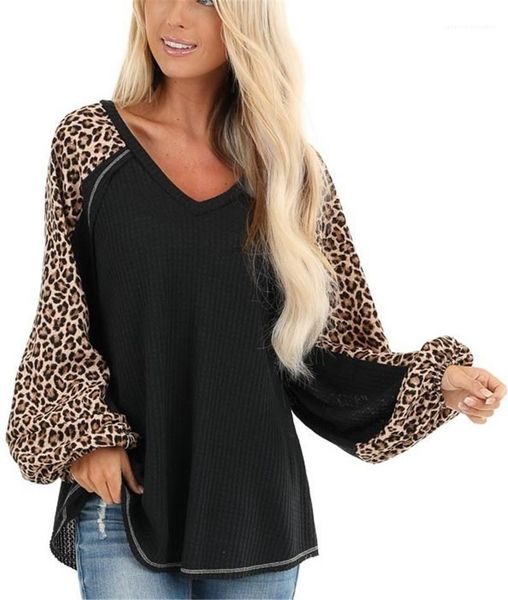 

clothing leopard panelled womens designer tshirts fashion loose lantern sleeve womens tees casual long sleeve females, White