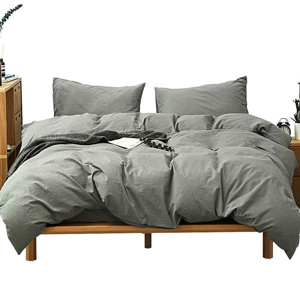 

fashion gray  king size duvet cover set washed cotton home soft plain dyed bedclothes pillowcase zipper bedding sets