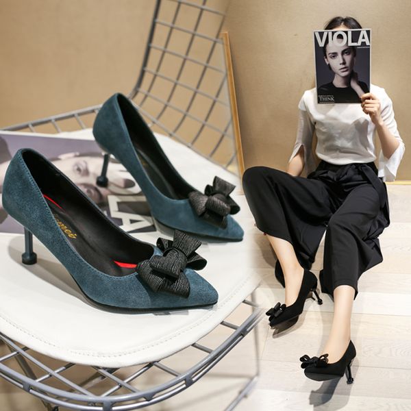 

women's autumn spring 2020 new korean version of versatile pointed shallow mouth women's shoes bow thin heel shoes, Black