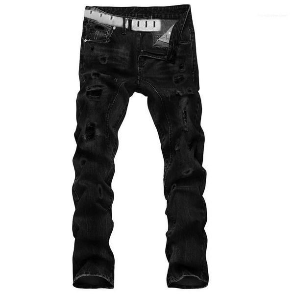 

casual slim straight hole ripped trousers pantalones street style skateboard pencil pants designer mens jeans washed, Blue