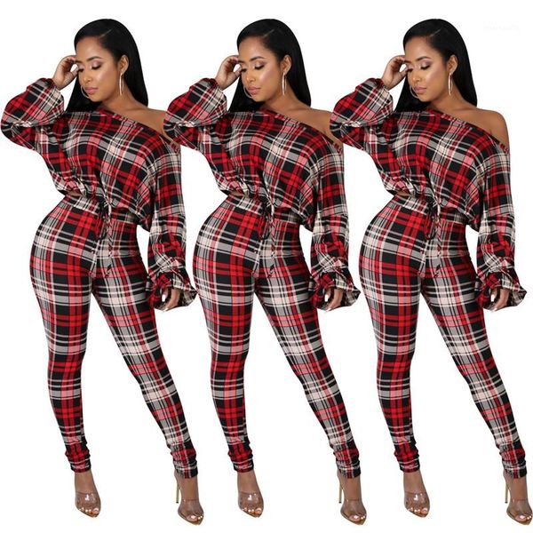 

2 шт брюки sexy тонких длинных фонарики sleeved crew neck топы мода женщины костюмы плед отпечатана женщины проектировщик костюмы casual, White