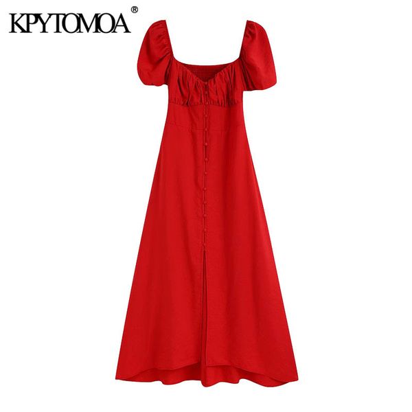 

kpytomoa women 2020 chic fashion with buttons midi dress vintage puff sleeves back smocked detail female dresses vestidos mujer c200919, Black;pink