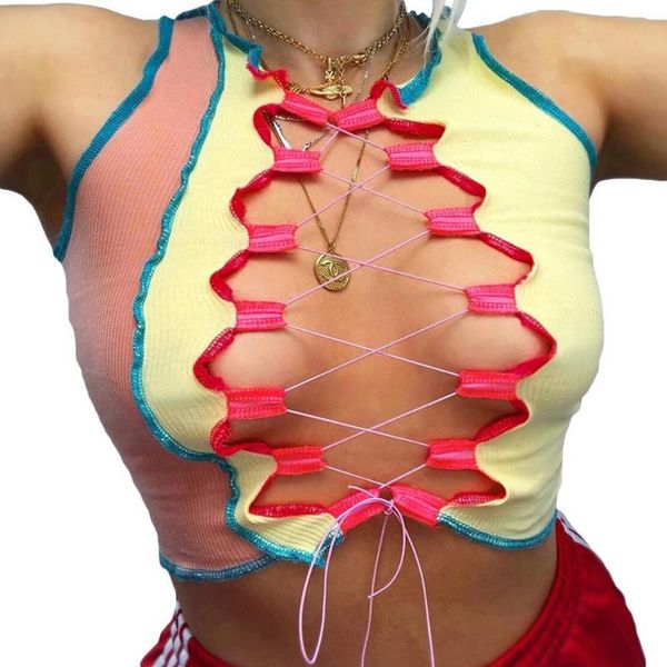 

crop hollow round neck tie tank fashion contrast vest slim yellow tank women 2020 woman clothing, White