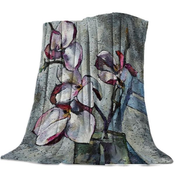 

purple magnolia flower oil painting printed flannel blanket soft throw blanket machine washable blankets for beds