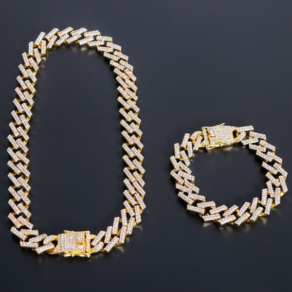 

13mm miami prong gold silver color necklaces cuban chain 2 row full iced out rhinestones necklace bracelet mens hip hop jewelry