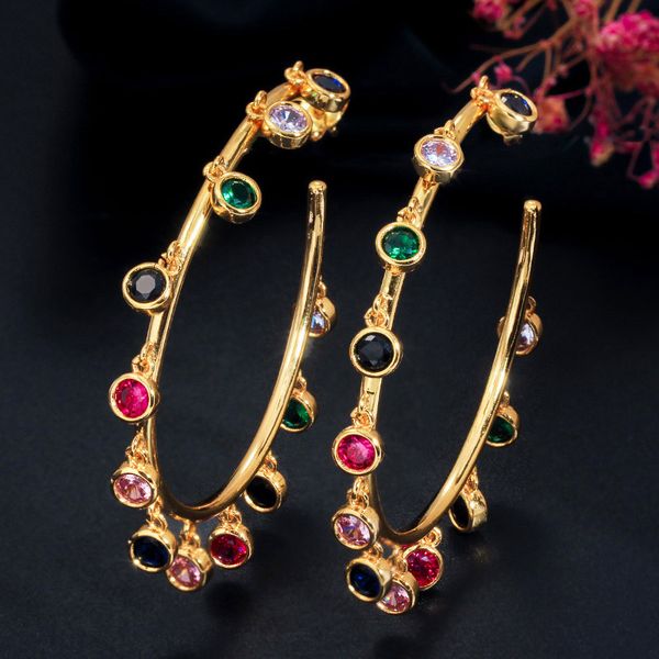 

luala boho style dangling drop round punk rainbow cubic zirconia charm yellow gold big circle hoop earrings for women cz609, Golden;silver
