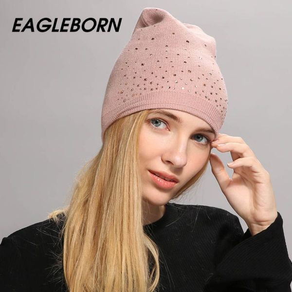 

beanie/skull caps eagleborn winter hat for women wool knited beanies rhinestone skullies girls, Blue;gray