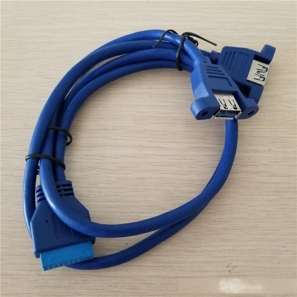 

10pcs/lot pc computer case internal 19pin to 2-port usb 3.0 type a female to female screw lock panel mount cable blue 50cm