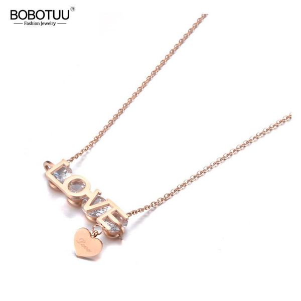 

bobotuu trendy office style titanium steel love heart pendant necklaces rose gold cz crystal bohemia necklace for women bn19107, Silver