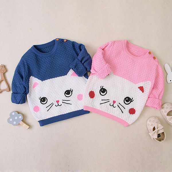 

autumn winter boy girl long sleeve cartoon kitten knitted sweater boys girls sweaters for baby girls kids sweaters, Blue