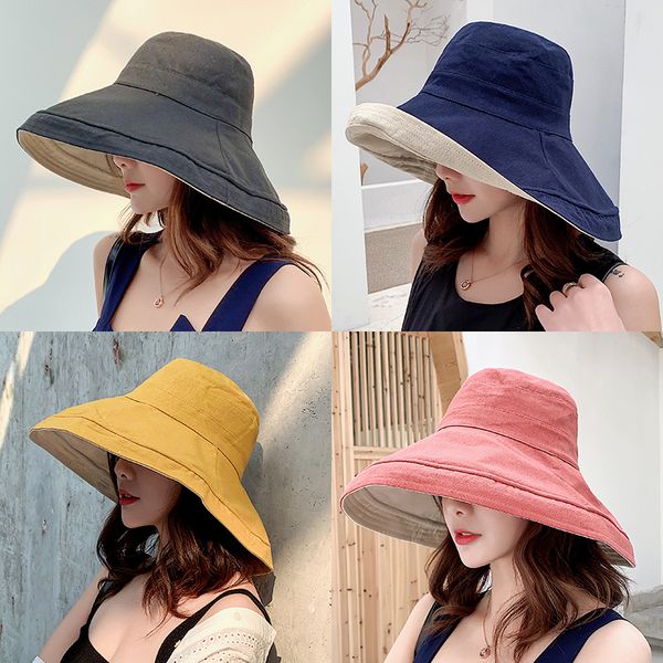 

2020 anti-uv wide brim cotton linen sun hat for women vacation summer panama foldable bucket hat large brim korean beach sun, Blue;gray