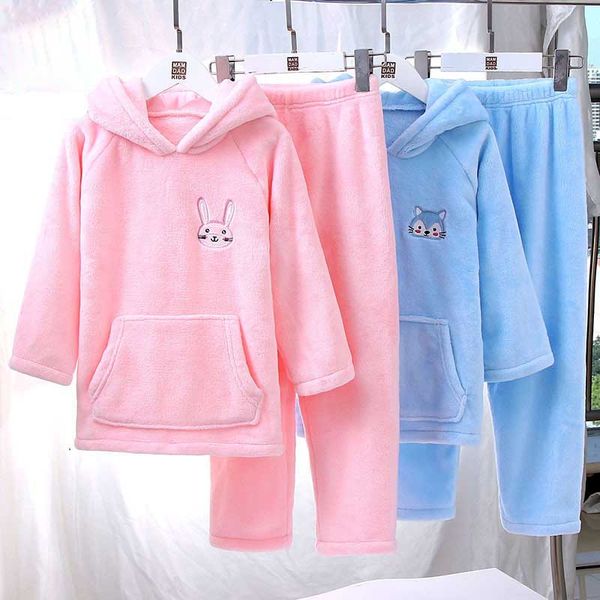 

winter children fleece pajamas set warm flannel hooded sleepwear girls boy lounge wear coral fleece kids home wear winter pyjama, Blue;red