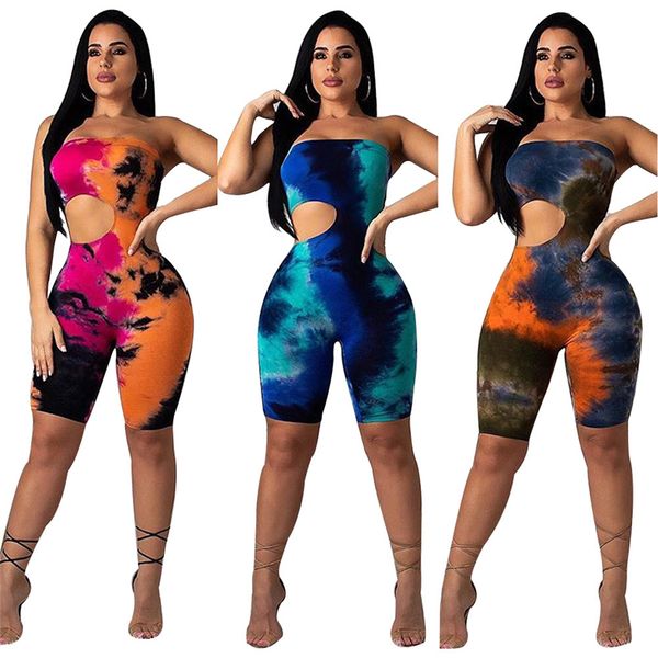 

womens jumpsuit tie dye printed clothes hollow strapless bodysuit women rompers biker shorts playsuit overall ropa mujer, Black;white