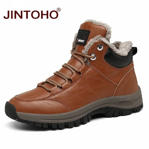

jintoho fashion men winter boots brand men genuine leather shoes outdoor ankle boots rubber snow shoes, Black
