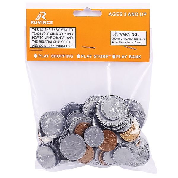 

play money coin 100pcs/set pennies, 20 each of one cent, nickles, dimes, and quarters, half-dollars fake plastic coin for kids learning