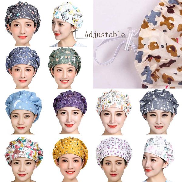 

bouffant scrub caps women cartoon flower printed cotton sweatband hats washable adjustable nuring caps working hats accessories, Blue;gray