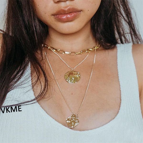 

vkme big chain double layer pendant necklaces vintage necklaces with geometric design for women fashion jewelry wedding gift, Silver
