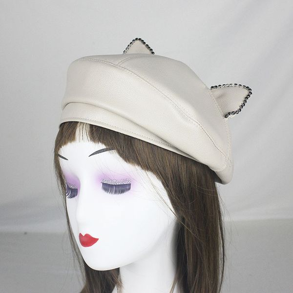 

casual faux pu leather hat 2020 new stylish beret cap for womengirls cat ear retro beanie caps french artist warmer hats, Blue;gray