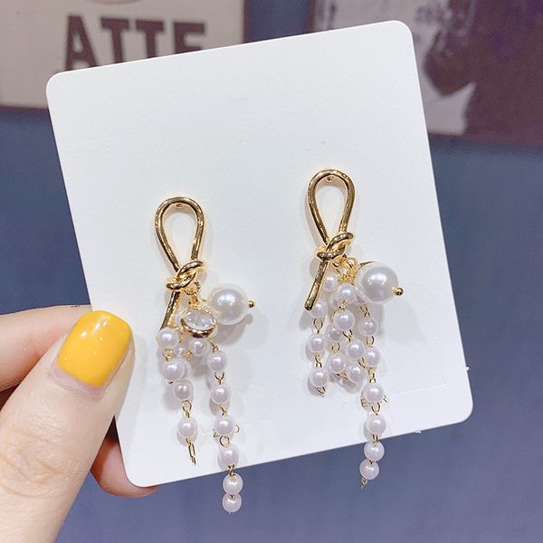

dominated 2020 fashion knotted metal long pearl earrings earrings crystal tassel women drop, Silver