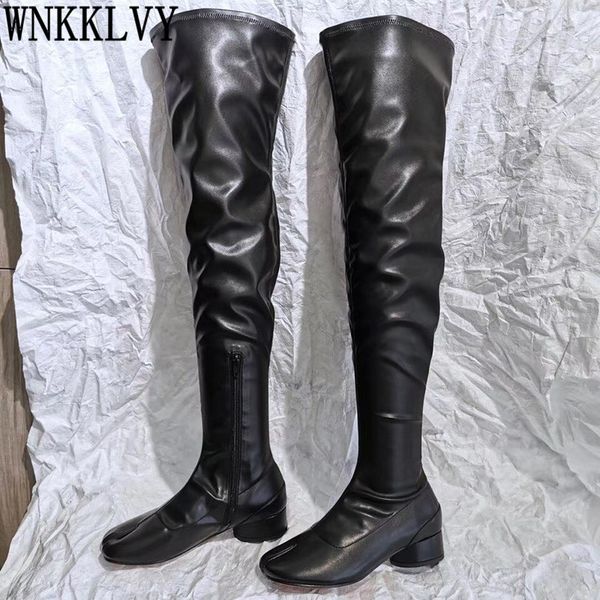 

boots chunky low heel stretch over the knee women split toe shoes female elastic slim long runway design thigh high, Black
