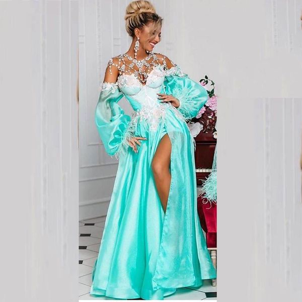 

gorgeous turquoise prom dresses 2021 off the shoulder long sleeves a line evening gowns split robe de soiree, Black;red