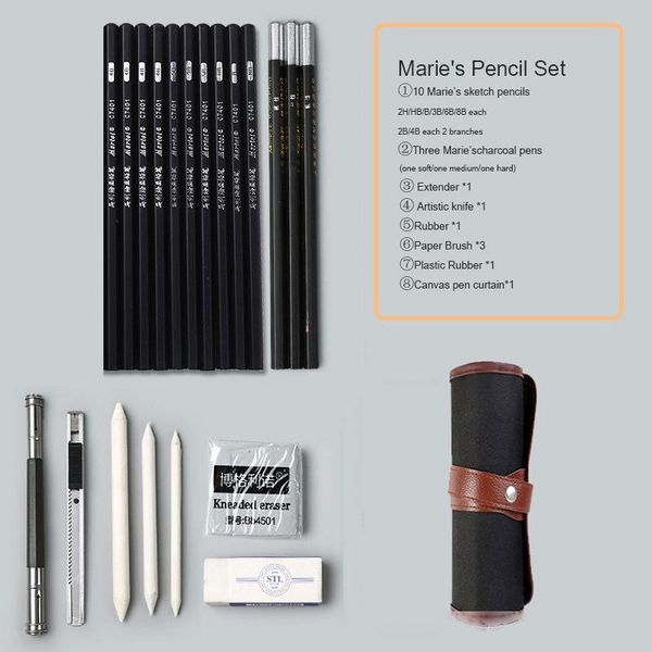 

new sketch set pencil storage full set of painting tool beginner drawing art supplies ing, Black;red