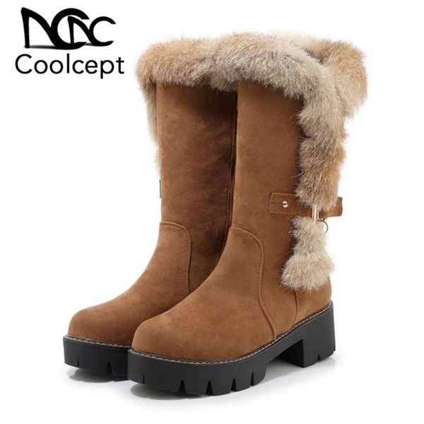 

coolcept women mid calf boots round toe zipper thick heels boots winter warm with fur solid color woman footwear size 33-43, Black