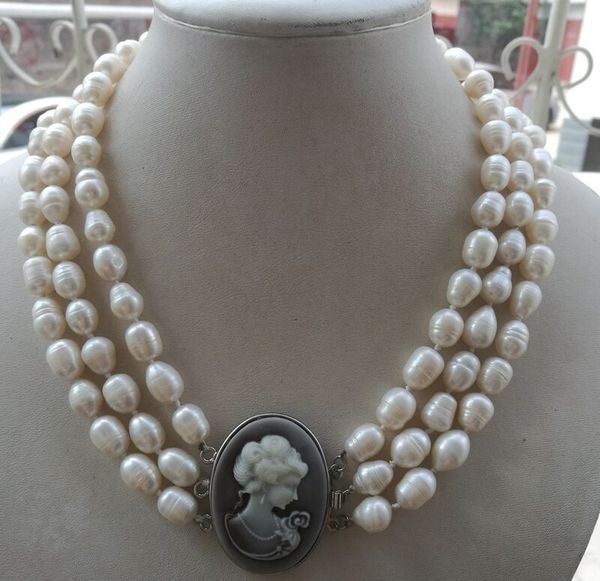 

new 3 rows 9-11mm natural white pearl necklace 18-20, Silver