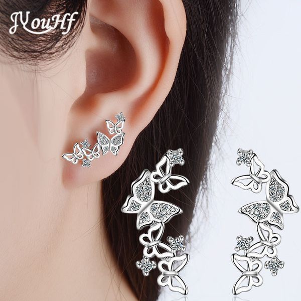 

jyouhf elegant sparkling butterfly stud earrings for women shiny zircon white rose gold color earrings fashion korean jewelry, Golden;silver