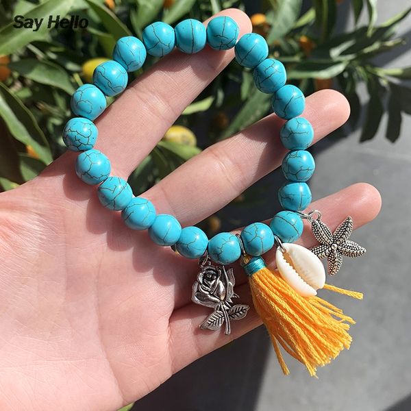 

beaded, strands say hello boho classic wool tassel bracelet turquoises shell rose starfish adjustable anklet accessories women d0144, Black