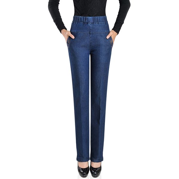 

middle-aged women's plus velvet thickened jeans autumn winter 2020 new straight mom pants casual high waist warm denim pants, Blue