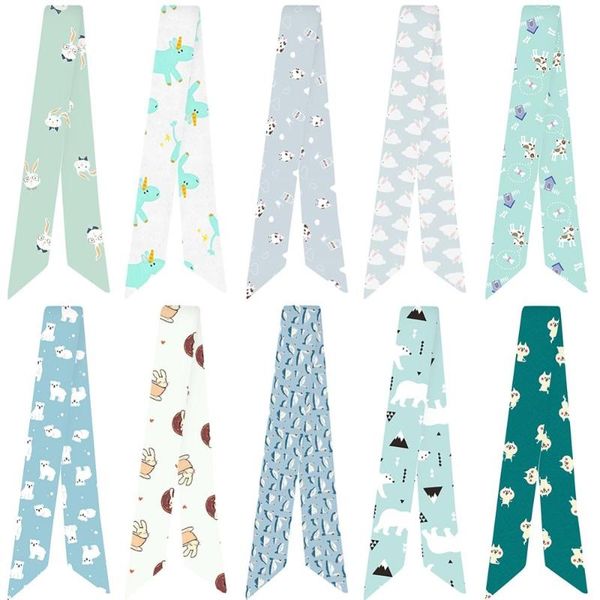 

new simple scarf cute cartoon printing bag handle tied small scarves multifunction hand ribbon accessories 95*5 cm, Blue;gray