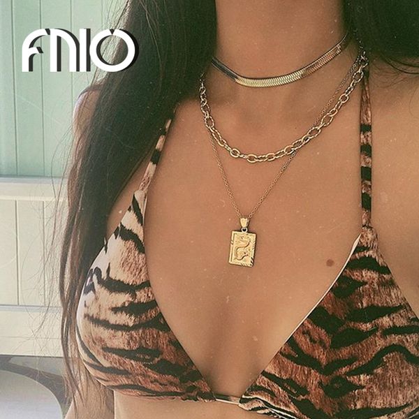 

fnio vintage multi layer twisted metal chain choker necklace gold color carved coin portrait pendant necklaces for women jewelry, Silver