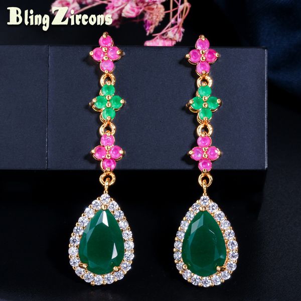 

beaqueen new rose red green cubic zirconia flower long water drop earrings gold color wedding jewelry for women e053, Silver