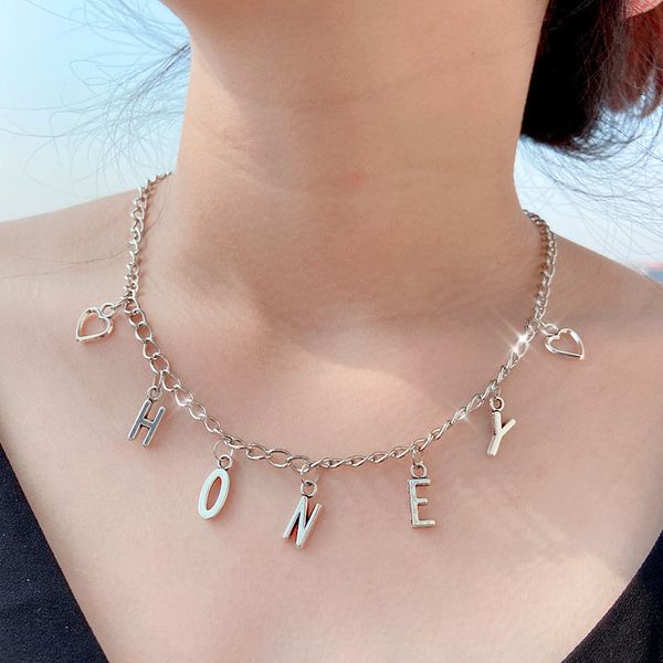 

flatfoosie new fashion letters pendant necklace for women silver color hollow heart-shaped necklace simple design jewelry gifts