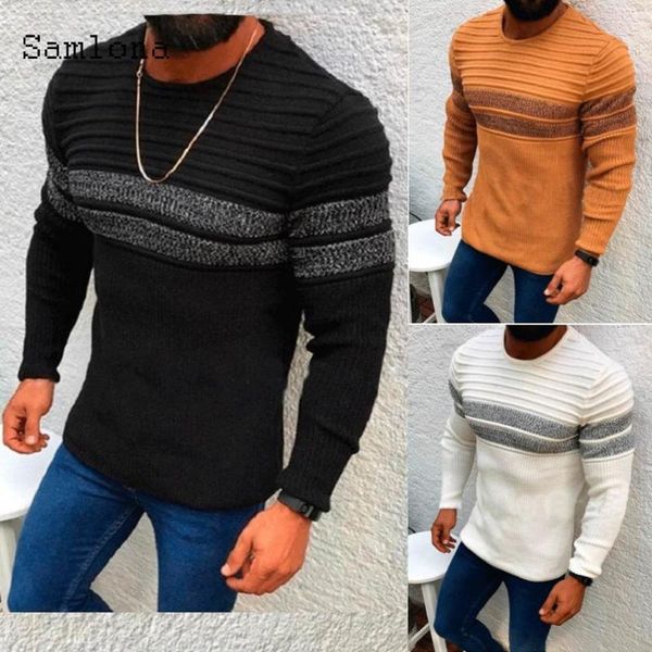 

samlona 2020 autumn new pleated sweaters men patchwork stripes england style winter warm clothes mens knitting sweater pullovers, White;black