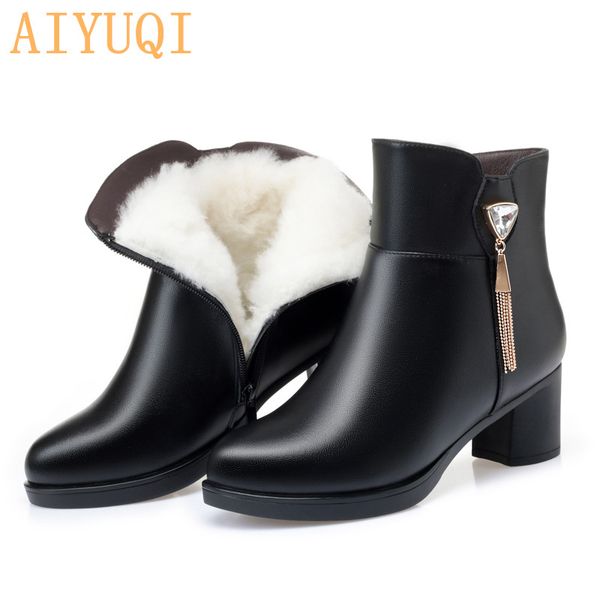 

aiyuqi 2020 new ladies ankle boots women fashion beading big size 41 42 43 mid heel winter warm wool short boots for women, Black