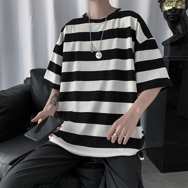 

fashion men streetwear striped tshirt 2020 summer mens funny hip hop loose t shirt male vintage fashion tees casual yellow, White;black