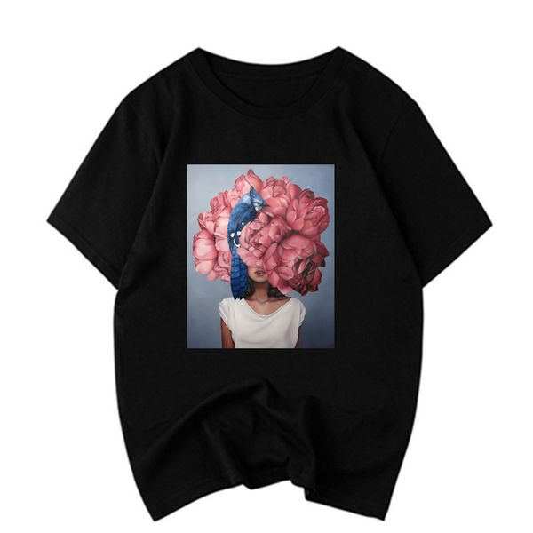 

summer new harajuku 90s aesthetics tshirt flowers feather print short sleeve angel tee shirt men women t-shirt