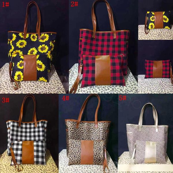 

new print leopard patchwork handbag with zipper wristlet purse sunflower leather handle tote buffalo plaid shouler bag 17inch