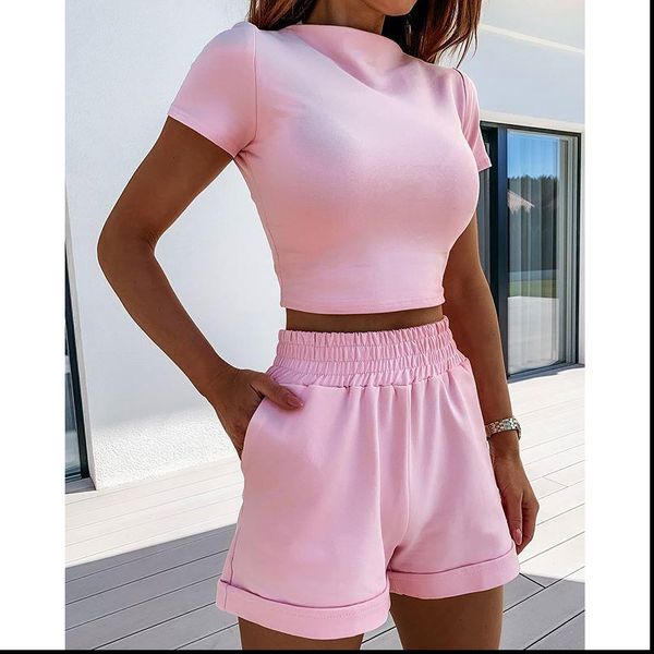 

2 piece set summer women short sleeve solid skinny crop and elastic shorts matching sets fashion tracksuit new sj5993v, Gray