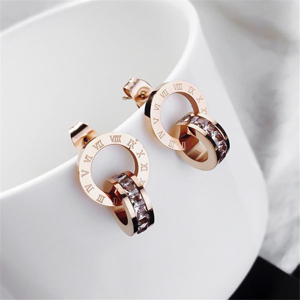 

yun ruo 2020 fashion zircoina inlay roman stud earring woman rose gold color titanium steel jewelry girl gift party never fade, Golden;silver